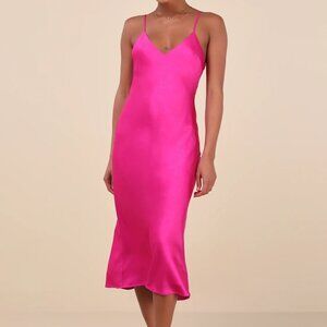 Lulus Katrien Fuchsia Textured Satin Backless Midi Slip Dress Pink